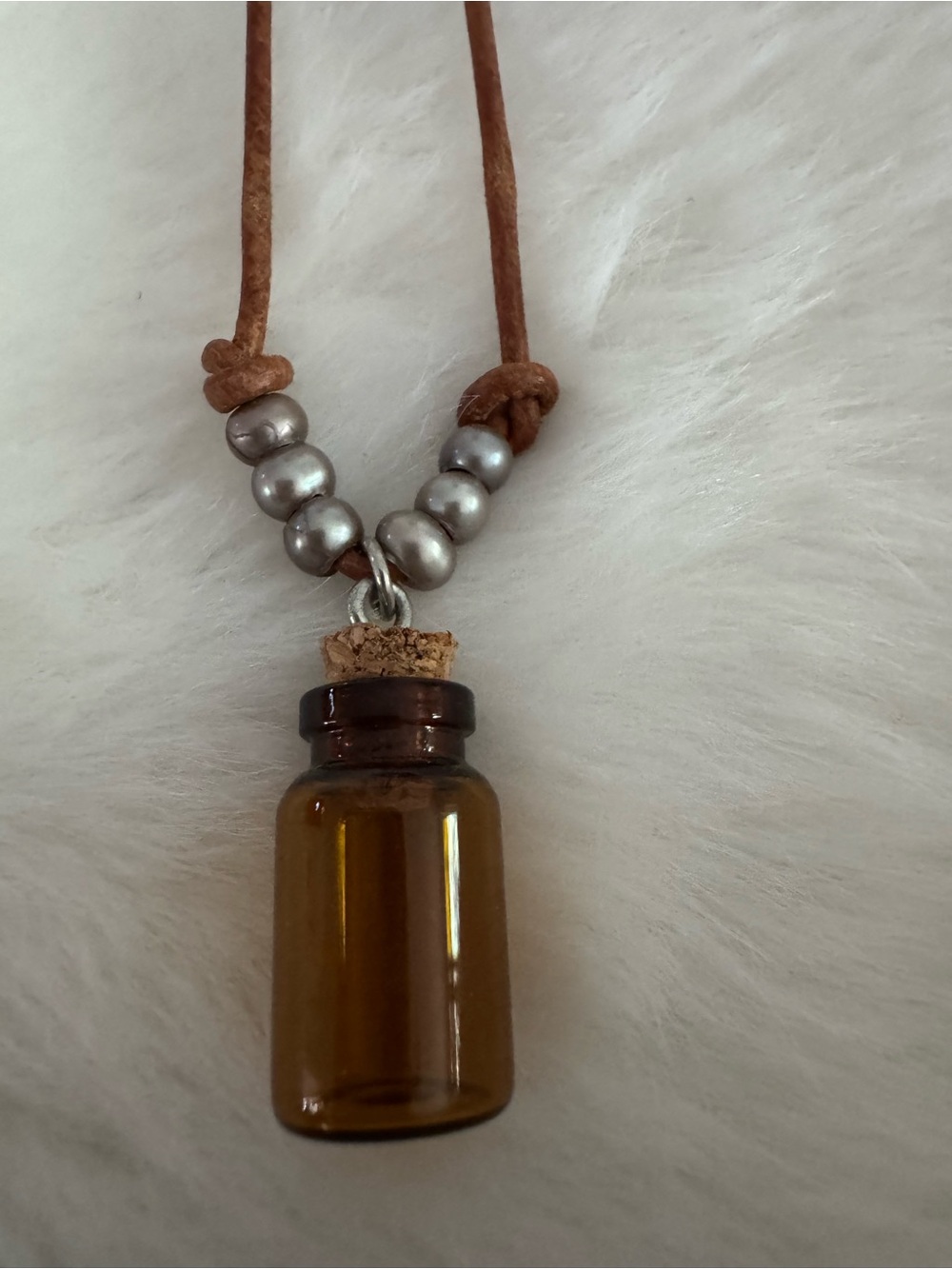 Leather Cord Necklace with Amber Glass Vial Pendant and Freshwater Pearls